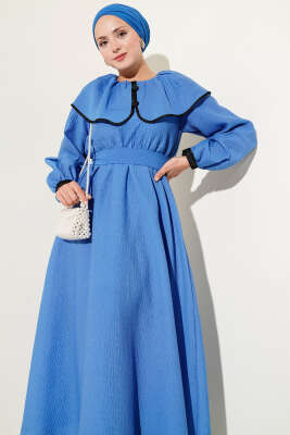 Bebe Yaka Bel Lastikli Elbise Saks - Tesettür Elbise