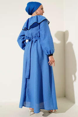 Bebe Yaka Bel Lastikli Elbise Saks - Tesettür Elbise