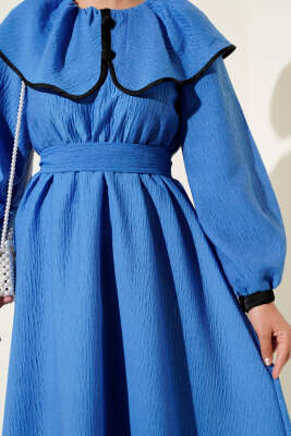 Bebe Yaka Bel Lastikli Elbise Saks - Tesettür Elbise