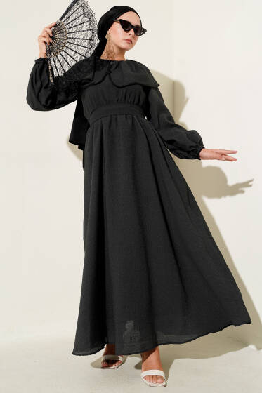 Bebe Yaka Bel Lastikli Elbise Siyah - Elbise