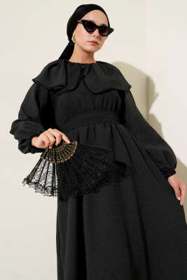 Bebe Yaka Bel Lastikli Elbise Siyah - Tesettür Elbise