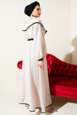 Bebe Yaka Biyeli Bel Lastikli Elbise Bej - Tesettür Elbise