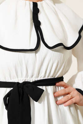 Bebe Yaka Biyeli Bel Lastikli Elbise Ekru - Tesettür Elbise