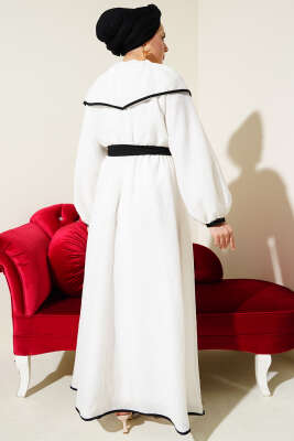 Bebe Yaka Biyeli Bel Lastikli Elbise Ekru - Tesettür Elbise