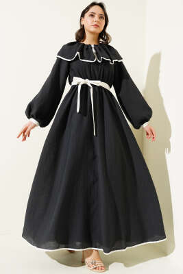 Bebe Yaka Biyeli Bel Lastikli Elbise Siyah 