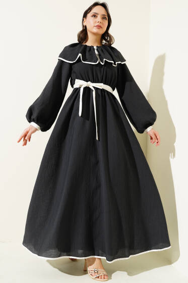 Bebe Yaka Biyeli Bel Lastikli Elbise Siyah - Tesettür Elbise