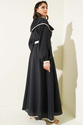 Bebe Yaka Biyeli Bel Lastikli Elbise Siyah - Tesettür Elbise