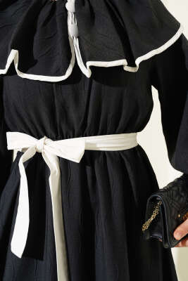 Bebe Yaka Biyeli Bel Lastikli Elbise Siyah - Tesettür Elbise