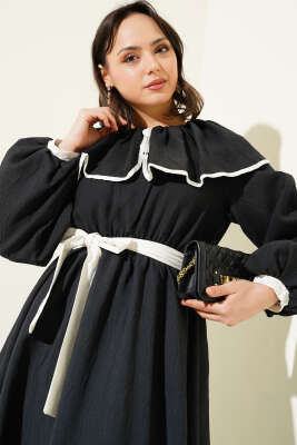 Bebe Yaka Biyeli Bel Lastikli Elbise Siyah - Tesettür Elbise