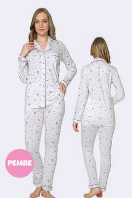 Bebe Yaka Boydan Düğmeli Pijama Takımı Pembe - Thumbnail
