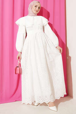 Bebe Yaka Brode Detaylı Elbise Beyaz - AFRA