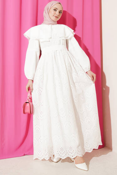 Bebe Yaka Brode Detaylı Elbise Beyaz - Elbise