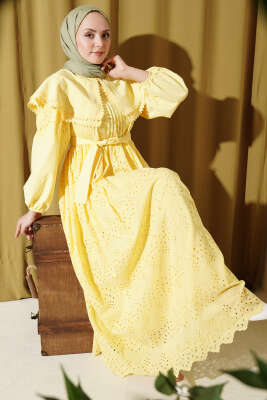 Bebe Yaka Brode Detaylı Elbise Sarı - AFRA