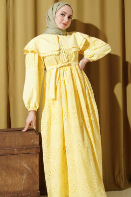 Bebe Yaka Brode Detaylı Elbise Sarı - Elbise