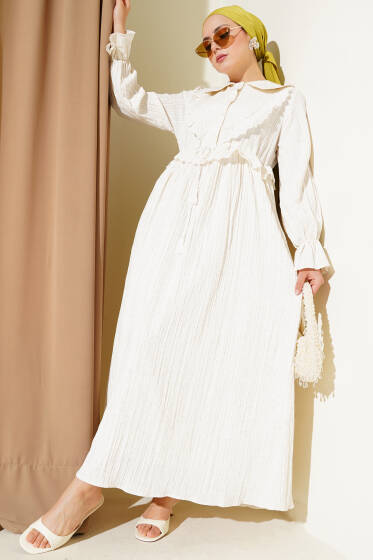 Bebe Yaka Brode Fırfırlı Elbise Ekru - Elbise