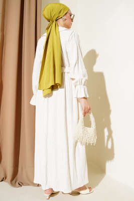 Bebe Yaka Brode Fırfırlı Elbise Ekru - Tesettür Elbise