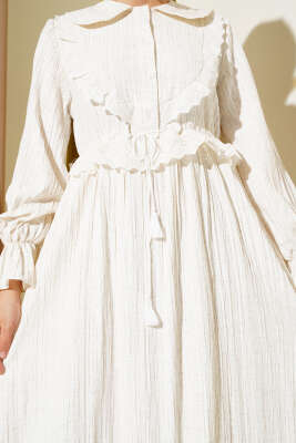 Bebe Yaka Brode Fırfırlı Elbise Ekru - Tesettür Elbise