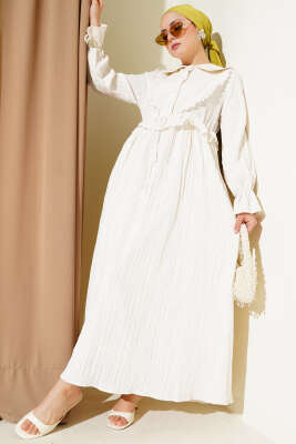 Bebe Yaka Brode Fırfırlı Elbise Ekru - Tesettür Elbise