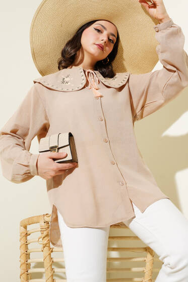 Bebe Yaka Çiçek Nakışlı Gömlek Latte - Gömlek