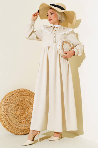 Bebe Yaka Dantelli Elbise Bej - Elbise