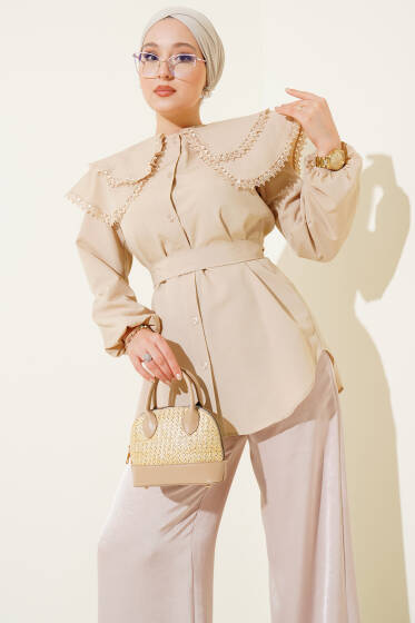 Bebe Yaka Dantelli Gömlek Bej - Gömlek