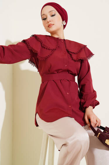 Bebe Yaka Dantelli Gömlek Bordo - Gömlek