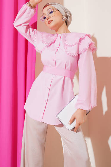 Bebe Yaka Dantelli Gömlek Pembe - Gömlek