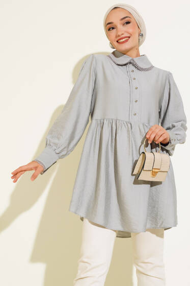 Bebe Yaka Dantelli Tunik Gri - Tunik