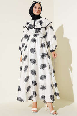 Bebe Yaka Desenli Kuşaklı Elbise Ekru - Tesettür Elbise