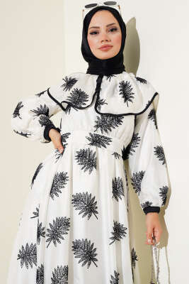 Bebe Yaka Desenli Kuşaklı Elbise Ekru - Tesettür Elbise