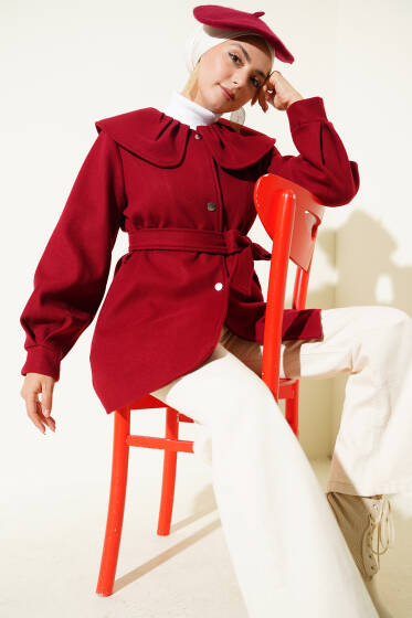 Bebe Yaka Detaylı Kaşe Kaban Bordo - Kaban