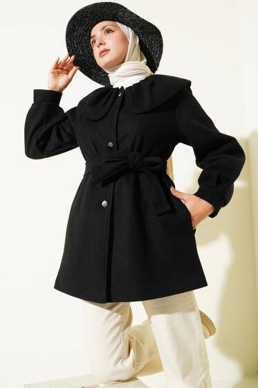 Bebe Yaka Detaylı Kaşe Kaban Siyah - Kaban