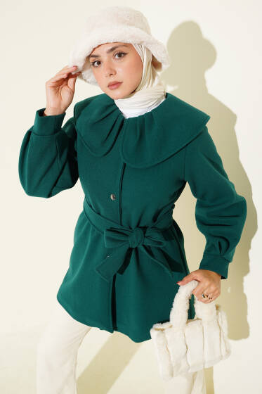 Bebe Yaka Detaylı Kaşe Kaban Zümrüt - Kaban