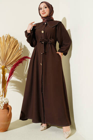 Bebe Yaka Dikiş Detaylı Elbise Kahve - Elbise