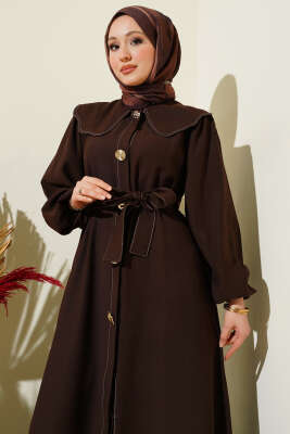 Bebe Yaka Dikiş Detaylı Elbise Kahve - Elbise