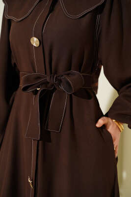 Bebe Yaka Dikiş Detaylı Elbise Kahve - Elbise