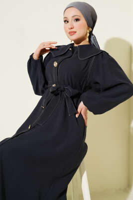 Bebe Yaka Dikiş Detaylı Elbise Lacivert - Elbise