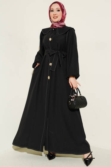 Bebe Yaka Dikiş Detaylı Elbise Siyah - Elbise