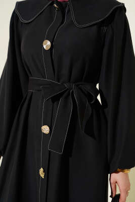 Bebe Yaka Dikiş Detaylı Elbise Siyah - Elbise