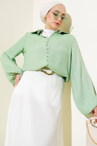 Bebe Yaka Düğme Detaylı Gofre Bluz Fıstık Yeşili - Bluz