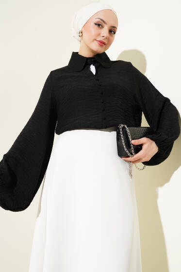 Bebe Yaka Düğme Detaylı Gofre Bluz Siyah - Bluz