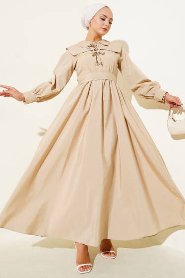 Bebe Yaka Düğme Fiyonklu Elbise Bej - Elbise