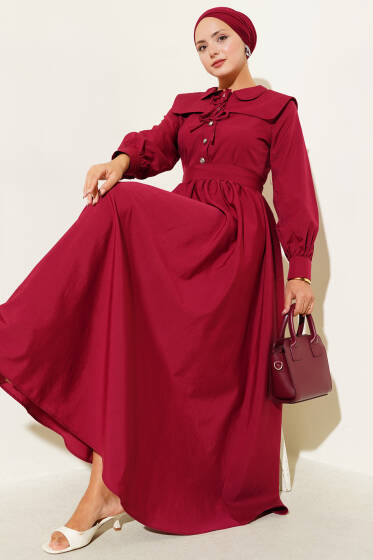 Bebe Yaka Düğme Fiyonklu Elbise Bordo - Elbise