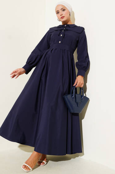 Bebe Yaka Düğme Fiyonklu Elbise Lacivert - Elbise
