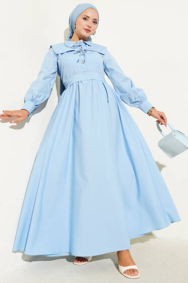 Bebe Yaka Düğme Fiyonklu Elbise Mavi - Elbise