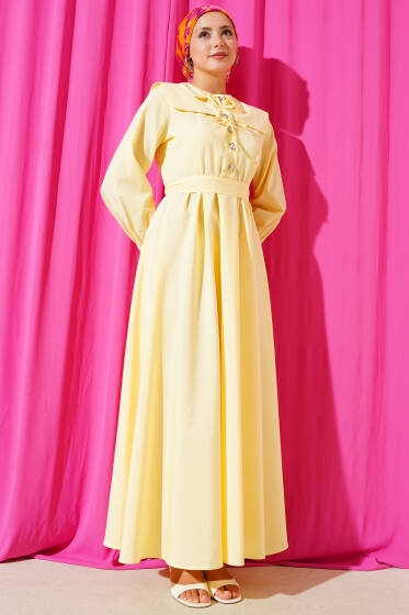 Bebe Yaka Düğme Fiyonklu Elbise Sarı - Elbise