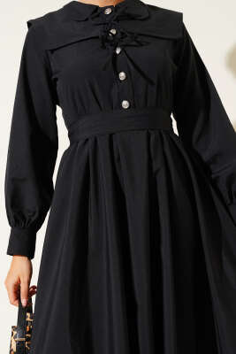 Bebe Yaka Düğme Fiyonklu Elbise Siyah - 500-700 TL Ürünler