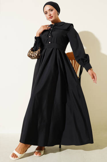 Bebe Yaka Düğme Fiyonklu Elbise Siyah - Elbise