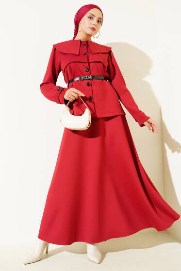 Bebe Yaka Düğmeli Etekli İkili Takım Bordo - İkili Takım