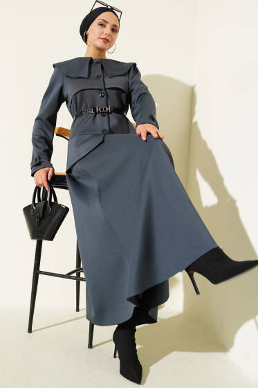 Bebe Yaka Düğmeli Etekli İkili Takım Füme - İkili Takım